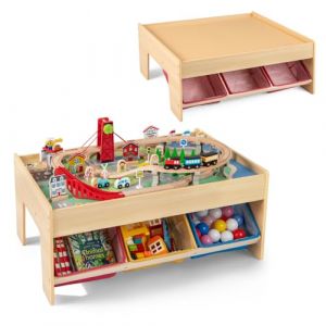 COSTWAY 94Pcs Table Circuit de Train Enfant en Bois avec 2 Plateaux Réversibles, Table d'Activités 2 en 1 avec 3 Tiroirs en Tissu Pliables, Rail en Bois Massif, pour Garçons Filles 3+ Ans (FDS GmbH, neuf)