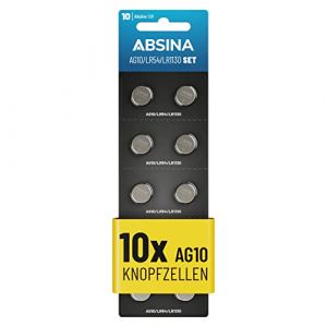 ABSINA 10x Pile LR1130 AG10 LR54-1,5V Alcaline étanche & Longue durée - V10GA / RW49 / G10A / 189 / GP189 / L1130 / 89A - Pile LR54 Pile Bouton, Pile L1131C, Pile L1131, Piles LR54, Piles AG10 (ABSINA GmbH, neuf)