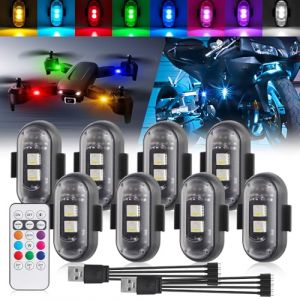 NHHEO Lumières Stroboscopiques LED Sans Fil avec Télécommande, 8 Couleurs Chargement USB Lumière LED Etanche pour l'intérieur de la Voiture Motos Vélo Drone Camion Anti-collision(8PCS) (yifengshun, neuf)