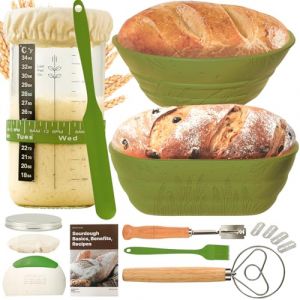 Banneton pour Pain,2 Corbeille a Pain set en Silicone Ovale et Rond,1000ml Bocal de Fermentation,Kit de D&eacute;marrage de Sourdough (vert) (DOTWAVE, neuf)