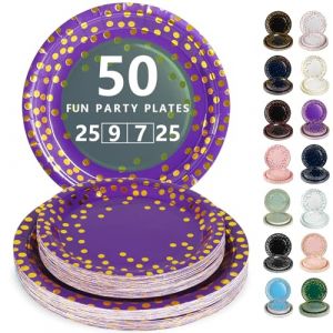 Nkaiso Assiette Jetable Anniversaire, 50 Pi&egrave;ces Violet Or Vaisselle en carton - 25 Assiettes Plateaux 23cm & 25 Assiettes Dessert 18cm - Pour Mariage, Anniversaire & &Eacute;v&eacute;nements (Nkaiso, neuf)