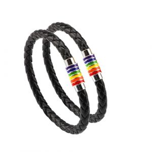 PHOGARY Bracelet Gai Fiert&eacute; Arc-En-Ciel (2 Paquets), Couple Bracelet En Cuir Noir Bracelet Femme Lgbt Pour Homme Avec Fermoir Magn&eacute;tique En Acier Inoxydable &agrave; Rayures Arc-En-Ciel 22cm (Skowx, neuf)