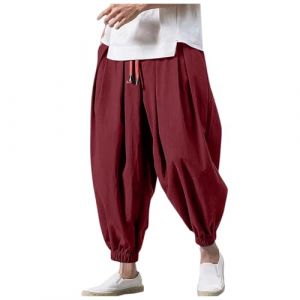 Pantalon baggy pour homme en lin - Pantalon de loisirs - Pantalon ample - Pantalon sarouel - Pantalon bouffant avec cordon de serrage - L&eacute;ger - Respirant - Pantalon de vacances - Style japonais (⭐⭐⭐⭐⭐Tiantian1, neuf)