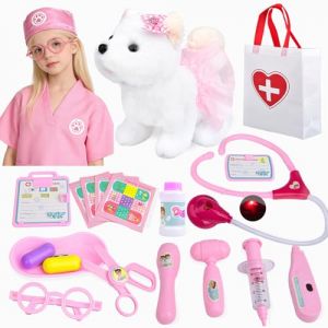 Kit Veterinaire Enfant avec Chien Peluche,Costume de M&eacute;decin & St&eacute;thoscope, &Eacute;lectrique Interactif Chien avec Laisse Marche et Aboie,Malette Docteur Enfant ,Cadeau pour Filles et Gar&ccedil;ons de 3-8 Ans (jiashengxin EU, neuf)