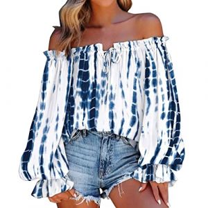 Chemisiers et Blouses Femme À Manches Courtes Sexy col Bateau Blouses Top Femme Imprimé éPaules DéNudéEs Femmes Chic Sexy Épaules Dénudées Hauts Blouses Bohème Camisole Tunique (usitable, neuf)