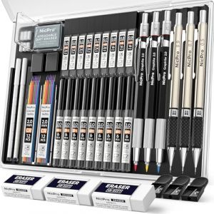 Nicpro 35 Pièces Porte-Mines Artistiques en Métal, Crayon Mécanique Criterium 0,5, 0,7, 0,9 mm et 3 Pièces Porte Mine 2 mm avec 20 tubes de Recharges(Couleurs 6B 4B 2B HB 2H 4H) pour Dessin D'esquisse (NicproShop EU, neuf)