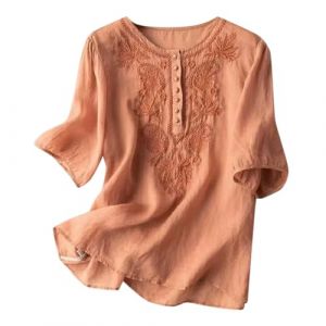 Chemisier Coton et Lin Manches Courtes pour Femme Blouses Ample Col Rond Tunique D'&eacute;t&eacute; Boh&egrave;me Folklore Vintage Broderie Top Hauts L&acirc;che Respirant T-Shirts Grande Taille Pas Cher Tunique Blouse Mode (GUnakd, neuf)