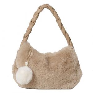 Fiorky Sac besace en fausse fourrure de couleur unie pour femme - Pochette polyvalente et élégante - Sangle en polyuréthane avec pendentif en perles - Cadeau pour les amis, kaki, 320.00 X180.00 X90.00 (hingbuteek, neuf)
