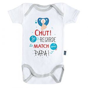 Baby Geek Chut Je Regarde Le Match avec Papa V2 - Body B&eacute;b&eacute; Manches Courtes - Coton - Blanc - Coutures Grises (3-6 Mois) (MadMoon, neuf)