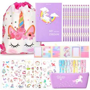 TOYESS Cadeau de Papeterie Licorne pour Fille 6 7 8 9 10 11 12 Ans, Ensemble de Jouets Licorne pour Filles, Comprend Sacs de Cordon et des Trousse Scolaire et Carnet et Autocollants et Stylos Gel (Egg Bonn, neuf)