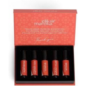 Eliksir Maroka &ndash; Coffret Huile d&rsquo;Argan Parfum&eacute;e 5 &times; 10 ml Roll-on | Gard&eacute;nia, Th&eacute; Vert, N&eacute;roli, Musc Blanc & Musc | Huile parfum&eacute; corps, cheveux et visage (eliksir maroka, neuf)