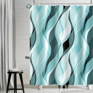Uiiooazy Rideau Douhe Bleu, Rideau de Douche Anti Moisissure Abstrait Rayures Turquoise Ray&eacute; Rideaux de Baignoire Tissu Imperm&eacute;able Lavable Polyester Rideaux Salle de Bain avec 12 Crochets 180x240cm (dongguibinjingpinxiaodianpu, neuf)