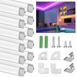 Profilé Aluminium LED, 12 x 1Mètre U Shape Profilés en Aluminium, Canaux et Diffuseurs LED avec Couvercle PC - Accessoires Complets, Compact Finition Professionnelle pour Ruban LED (Argent-V) (SenXingYan-FR, neuf)