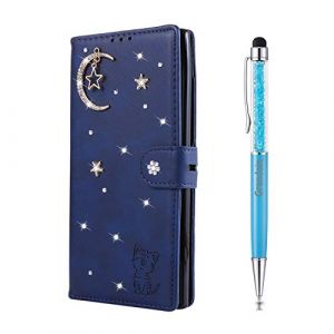 Grandoin Coque pour Samsung Galaxy S9, [Série Étoile et Chat] Brillant Cristal Diamant Bookstyle Flip Cover Étui de Protection Housse en PU Cuir avec TPU Silicone Souple Phone Case (Bleu) (Grandoin FR Store, neuf)