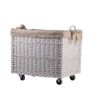 e-wicker24 Coffre de rangement, Panier &agrave; linge rectangulaire, panier en osier avec roulettes et doublure en tissu, malle rangement osier,corbeille, boite (Blanc/jute) (e-wicker24, neuf)