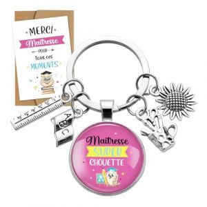 Kit de Cadeau Maîtresse Porte Clé Breloques Maîtresse Super Chouette Porte Clef Pendentif Cabochon Breloque et Carte Voeux Enveloppe Cœur Remerciement de Cadeau Maitresse École Fin d'Année Graduation (ShanDongYuRui, neuf)