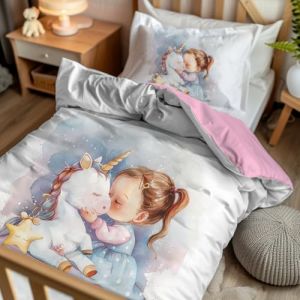 Pictogogo Parure lit bébé 2 pièces – Housse Couette 80 x 120 + taie 40 x 60 – Motif Fille Licorne/Revers Coton Rose – Microfibre+Coton Oeko-TEX – Zip – lit à barreaux 0-2 Ans (PersonaliseDog, neuf)