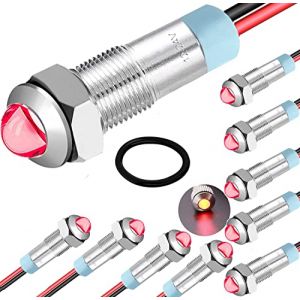 RUNCCI-YUN 10pcs 12-24v 6mm 1/4" DC Voyant Led En Metal, Rouge Led Indicateur Panneau,Temoin Lumineux 12v, Pour Van,Bateau Et Autres Vehicules Universels (RUNCCI-YUN, neuf)