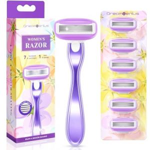 DreamGenius Rasoir pour femme avec manche en m&eacute;tal antid&eacute;rapant et 7 lames de rechange, 5 lames de qualit&eacute; sup&eacute;rieure, lubrification &agrave; 360&deg; r&eacute;duisant les irritations Violet (tongshuai, neuf)