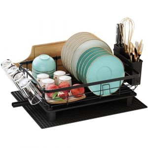 MAJALiS Egoutoire Vaisselle, INOX &Eacute;gouttoir Vaisselle Cuisine avec Porte-Gobelets et Porte-Ustensiles, Noir &eacute;gouttoir &agrave; Vaisselle Rangement Vaisselle avec Vidange Automatique (suofeimen, neuf)