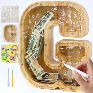 Lakpopya Tirelire en Bois Grande pour Enfant Adulte Tirelire Cochon Personnalisée de Lettres A-Z avec Zone Cible Tirelire Billet Transparente Créative pour Cadeau Décoration Baptême (G) (Never fail, neuf)