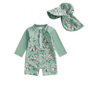 HodJIU Maillot de Bain Bébé Fille Anti-UV Combinaison Natation Piscine à Manches Longues + Chapeau de Bain Ensemble Swimwear Nouveau-né (Vert, 2-3 Years) (Haikouxunchuanhandianzishangwuyouxiangongsi, neuf)