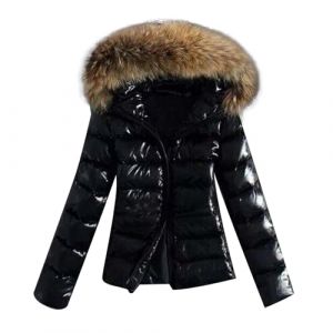 Beokeuioe Veste d'hiver pour femme - Manteau d'hiver court - Doudoune brillante - Veste matelassée - Vêtement d'extérieur pour femme - Manteau en duvet avec col en fausse fourrure - Manteau matelassé (Rigyehko, neuf)
