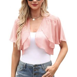 Aottori Cardigan Boléro Court Femme en Mousseline de Soie Gilet à Manches Évasées Courte Boléro Veste Elégant Robe Bretelle Mariage Rose Clair L (yyh-eu, neuf)