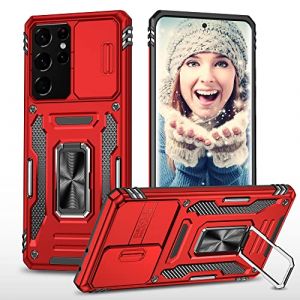 ATISIJIE Coque pour Samsung Galaxy S21 Ultra 5G &eacute;tui [Protection d'appareil Photo Slide Camera], Support 360&deg; Rotatif Militaire Renforc&eacute;e Armor Antichoc Bumper Housse Rouge (TISIM, neuf)