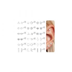 CASSIECA 18 Paires Acier Inoxydable 316L Lune Étoile Boucles d'Oreilles pour Femmes Hommes CZ Incrusté Cœur Croix 20G Cartilage Boucle D'oreille Piercing Bijoux Argent (Yanjia EU, neuf)