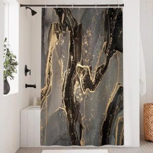 Uiiooazy Rideau Douche Noir, Rideau de Douche Effet Marbre Jaune Moderne Rideaux de Baignoire Anti Moisissure Imperméable Tissu Polyester Lavable Rideaux Salle de Bain avec 8 Crochets 120x180cm (dongguibinjingpinxiaodianpu, neuf)