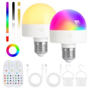 Psatfito Ampoule rechargeable avec minuterie et t&eacute;l&eacute;commande, ampoules &agrave; piles &agrave; intensit&eacute; variable avec base magn&eacute;tique, ampoule LED E14 amovible, lampes non c&acirc;bl&eacute;es avec 3 (RGB, E27-2PC) (WORL DWIDE, neuf)