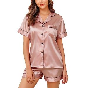 Vlazom Pyjama Femme Ete Court Ensemble de Pyjama en Satin V&ecirc;tements de Nuit &agrave; Manches Courtes,M,Rose Beige (Vlazom, neuf)