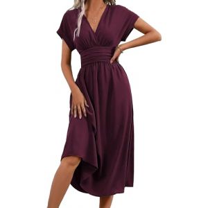 QUNERY Robe Longue Femme Ete El&eacute;gante Robes de Plage Manches Courtes V Taille Haute Unie Maxi Dress Casual et Chic Vin Rouge S (YIYING-EU, neuf)