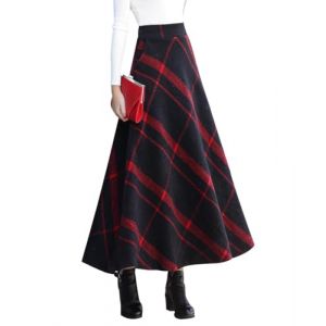 Artykey Jupe Longue Femme Hiver Vintage &Eacute;l&eacute;gant Taille Haute Carreaux Taille &eacute;lastique Maxi Jupe Laine Chaud A-Line Pliss&eacute;e Jupe Casual Party A Blue Rouge XXL (Artykey Jupe et Bottes &agrave; la Mode, neuf)