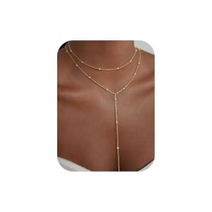 Turandoss Collier long en Y en or pour femme &ndash; Cha&icirc;ne longue d&eacute;licate en forme de Y plaqu&eacute; or 14 carats lasso/multi-rangs/perles/zirconias/croix Collier bijoux tendance en or pour femmes et filles (LIZHISP, neuf)