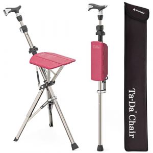 Ta-Da Chair Pro - Canne de Marche avec siège, Cadre en Aluminium Ultra-léger, Tabouret Pliable Robuste (jusqu'à 120 kg), Design Pliable, idéal pour Voyages et visites touristiques - Rouge, Ajustable (STEP2GOLD, neuf)