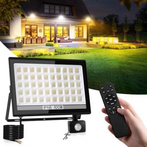 NATPOW 100W Spot LED Ext&eacute;rieur Detecteur de Mouvement, 3 Couleurs 11000LM 200 LEDs Projecteur LED Ext&eacute;rieur avec Detecteur, Lampe avec Telecommande, IP66 &Eacute;tanche pour Jardins, Garage, Arri&egrave;re-cour (LKA2 Store, neuf)