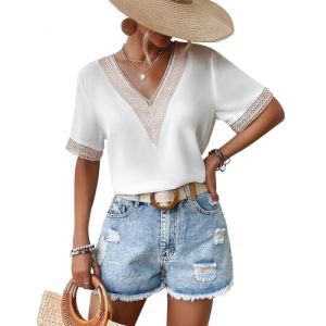 Yuson Girl Chemise Femme Chic et &Eacute;l&eacute;gant D&eacute;coupes Blouse Hauts Col en V &agrave; Dentelle T Shirts pour Femmes Chemises Casual &agrave; Manches Courtes Hauts en Mousseline d'&eacute;t&eacute;(Blanc, M) (YusonGirl, neuf)