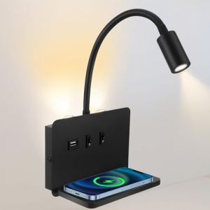 Strixorn Liseuse de Chevet Murale avec port de charge USB et Base de Chargeur sans Fil, Lampe de Lecture Col de Cygne Flexible, Applique murale LED pour Salon Chambre t&ecirc;te de lit Lecture (Noir) (YOUWEN LIMITED, neuf)
