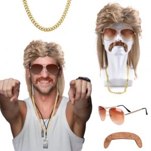 Perruque Hommes Blonde Mulet des Ann&eacute;es 80, Kit D&eacute;guisement Hip Hop avec Perruque Rock, Lunettes de Soleil, Collier, Barbe, Mulet Homme Perruque pour Carnaval Cosplay Costume Party Halloween (XLZJYIJ-EU, neuf)