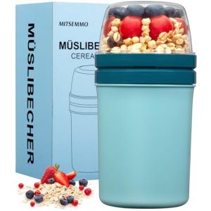 Mitsemmo Bol muesli a emporter avec cuill&egrave;re,600 ml + 270 ml Gobelets &agrave; C&eacute;r&eacute;ales,Pot de yaourt en plastique,Pot petit dejeuner porridge Salade Bols avoine overnight oats jar (Bleu Ciel) (Mitsemmo, neuf)