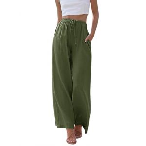 Voqeen Femme Pantalon D'été en Lin Taille Haute Couleur Unie Pantalon de Plage Large Décontracté Taille Élastiquée avec Poches (YCH_GO, neuf)
