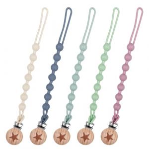 Maxentico 5 Pièces Attache Tetine en Silicone, Accroche Tétine Bebe, Attaches-Sucettes, Accroches -Tétines Clips Porte, Pacifier Chain Chaîne, Garde la Tétine Propre, Douce et Flexible, 5 colore (MAYHDG, neuf)