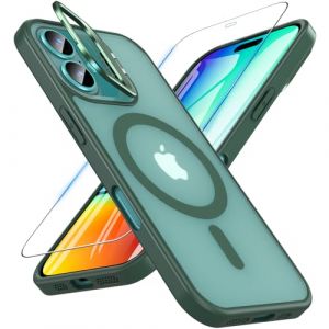 OWKEY Coque pour iPhone 16 6.1'',Compatible avec MagSafe [Cam&eacute;ra B&eacute;quille Int&eacute;gr&eacute;e+Verre Tremp&eacute;] Magn&eacute;tique Protection Phone 16 Militaire Antichoc &Eacute;tui Translucide Mat Housse Case iPhone 16,Vert (Taohua-UK, neuf)