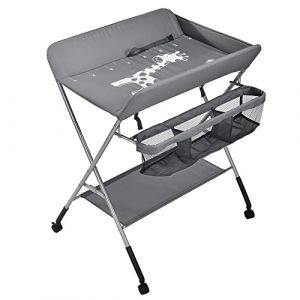 Supfine Table &agrave; Langer Pliable et Portable, Table a Langer Pliante Chambre B&eacute;b&eacute; R&eacute;glable en Hauteur, 4 Roues avec Freins, Meuble &agrave; Langer pour De la naissance &agrave; 12 Mois (Gris + Argent) (hlang EU, neuf)
