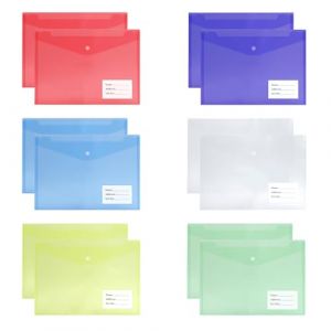 Lot de 12 Pochette Plastique A4+ Documents 6 Couleurs Transparente Pochette Plastique A4 avec Rabat Farde Chemise &agrave; Bouton Pression avec Pochettes d&rsquo;&Eacute;tiquette pour Maison Bureau l'&eacute;cole Voyage (caixianli, neuf)
