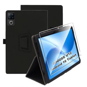 Heioloo Coque pour DOOGEE U12 Android 16 Tablet 12" Housse Protection Etui PU Cuir de Flip Case Cover + [1 Pi&egrave;ce] Verre Tremp&eacute; Protection &eacute;cran [Veille/R&eacute;veil Automatique] [Support Fonction] Noir (smcxhg, neuf)