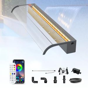 LONGRUN Kit de Cascade de 90cm pour Bassin, Lame de Cascade en Acrylique incurvée avec éclairage LED Bluetooth 7 Couleurs et Télécommande, Largeur 26cm (QIHANGDIANZI, neuf)