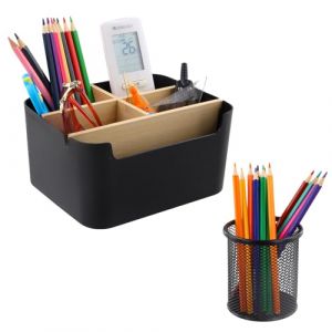 QINGZY Organiseur de Bureau &agrave; 5 Compartiments en Bois, Bo&icirc;te de Rangement Bureau Amovible avec Porte-Stylos Noir, Pot a Crayon bureau, Desk Organizer, pour Stylos, Crayons, T&eacute;l&eacute;commande, Note (qingzeyuan, neuf)